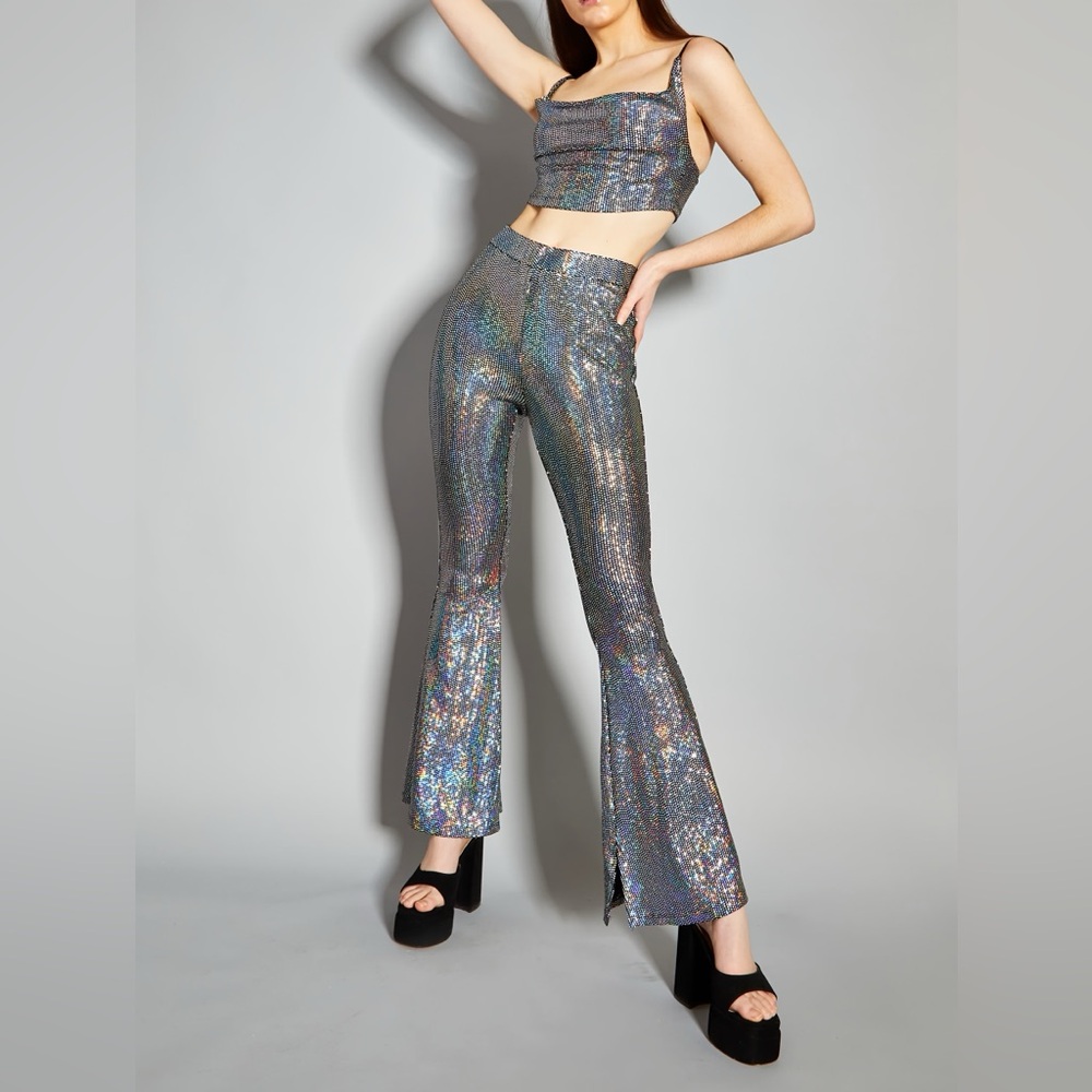 Topshop Silver Holographic Flare Pants